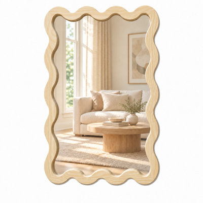 Modern Wavy Solid Wood Framed Wall Mirror for Bedroom, Entryway and Vanity