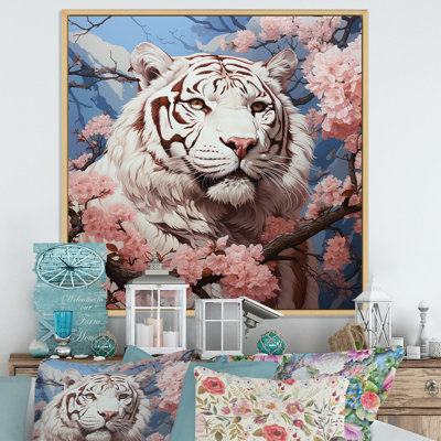 Pink Florals White Tiger Beauty III - Tiger Animal Wall Art
