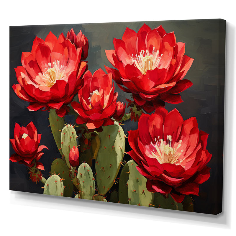 Cactus bourgogne fleuri, reproduction sur toile, H 24 po x l 32 po x P 1 po, Toile tendue