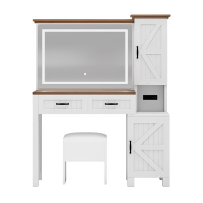 Makeup Table Set Stool Farmhouse-Style Vanity Desk with Built-In Power, Ample Storage and LED Lighted Mirror