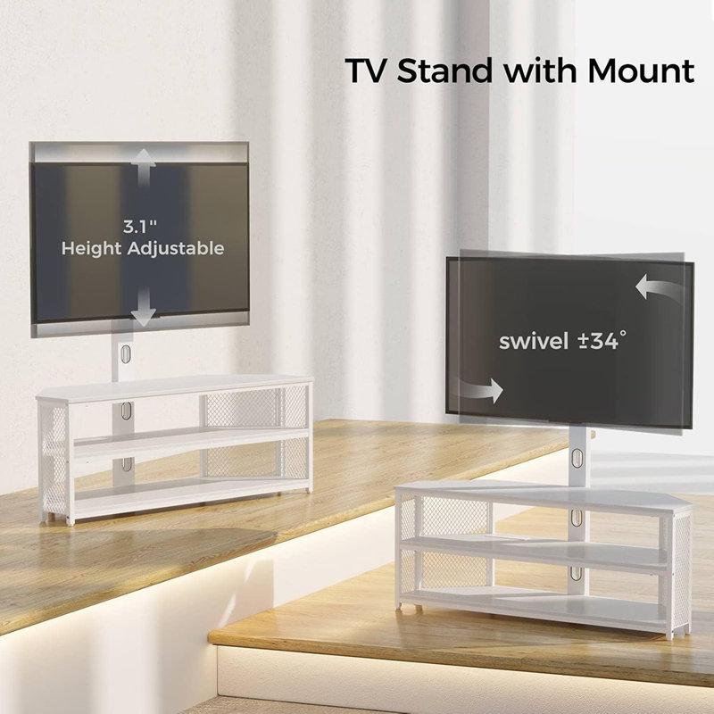 Meuble télé avec support pivotant, prise de courant, lumières DEL et console multimédia à hauteur réglable, blanc - Meuble télé / bois / moderne