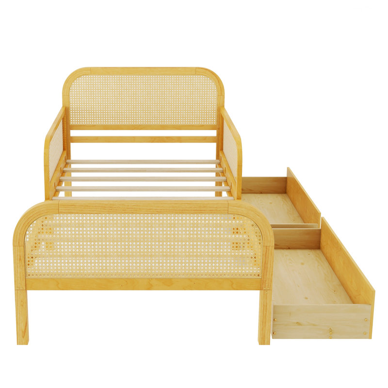 Cadre de lit pour la maison, cadre de lit plateforme avec 2 tiroirs de rangement, lit en rotin avec tête et pied de lit, Twin