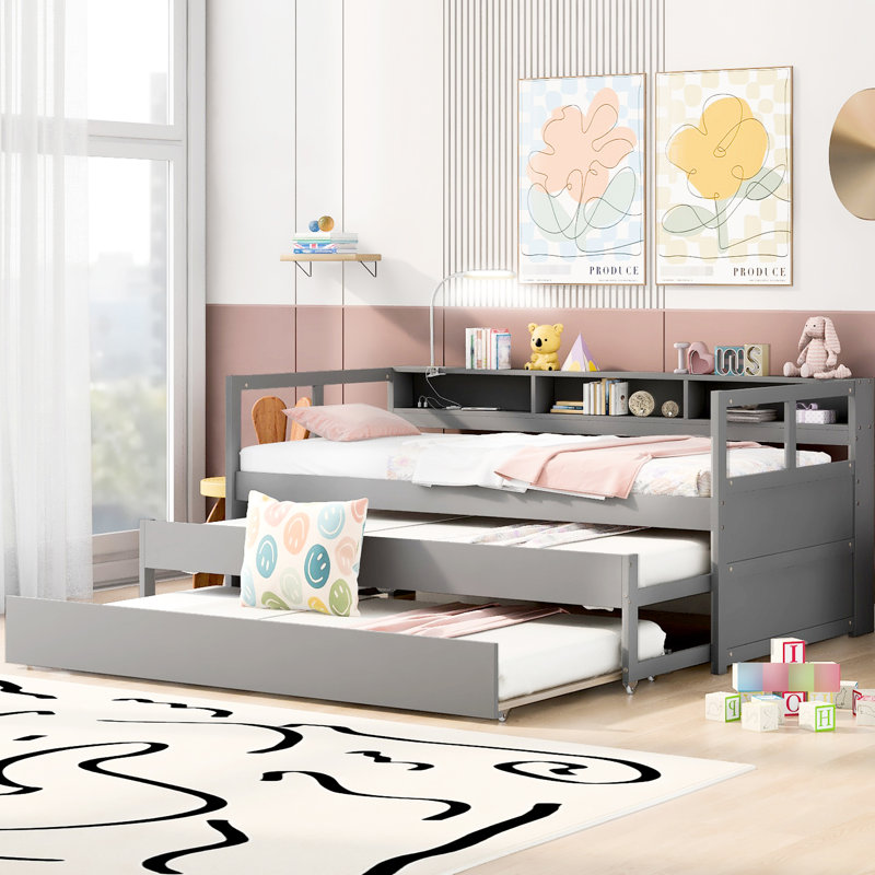 Lit de jour simple TG en bois gris - 2 gigognes, 3 rangements, charge et fonction avec charge, Gray