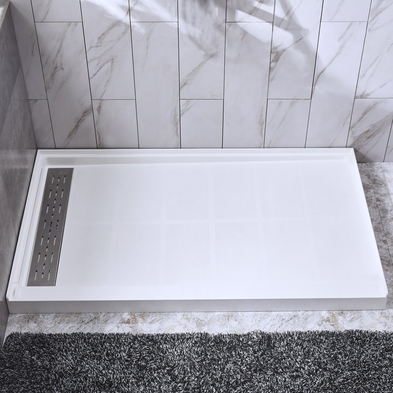 60" x 32" White Shower Base with Drain Assembly and Drain Cover Included, Non-slip Shower Pan,Left Drain Location