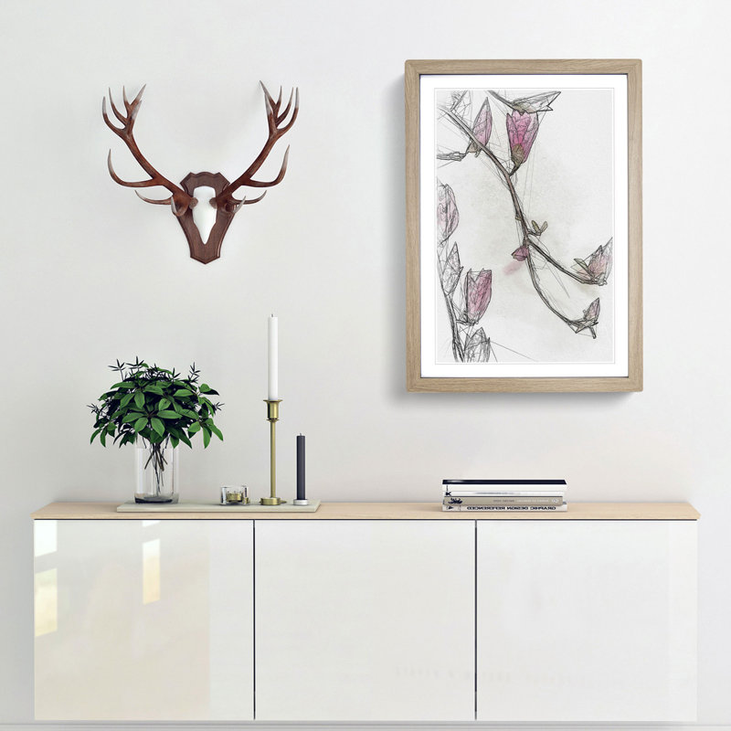 Pink Floral Flowers in Abstract - Framed Print, 76cm H x 50cm W x 2cm D, Oak