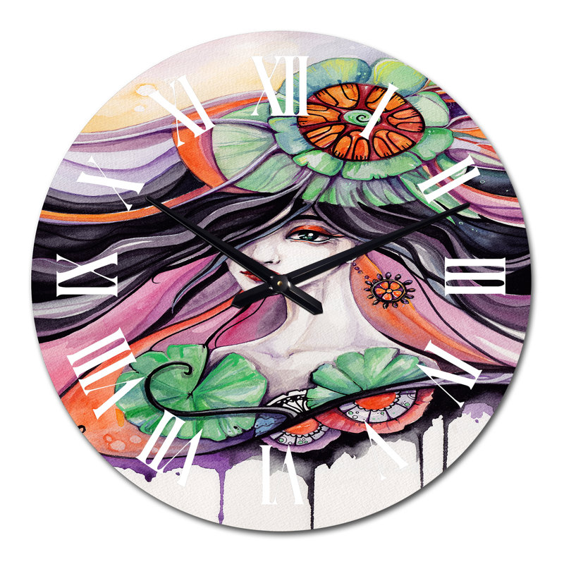 Horloge murale glamour avec visage de femme aux cheveux noirs et fleurs, Surdimensionné