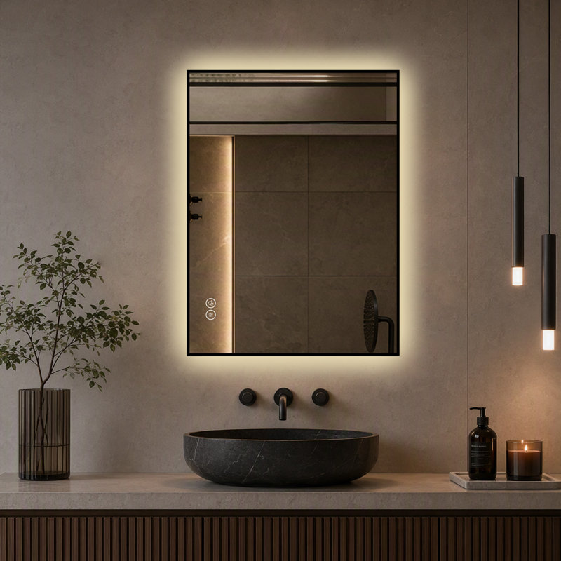 Ensemble de 1 miroir de salle de bain à DEL 32 po x 24 po x 0,59 po en aluminium, anti-buée noir rétroéclairé à DEL, à intensité variable, 3 températures de couleur, fonction mémoire