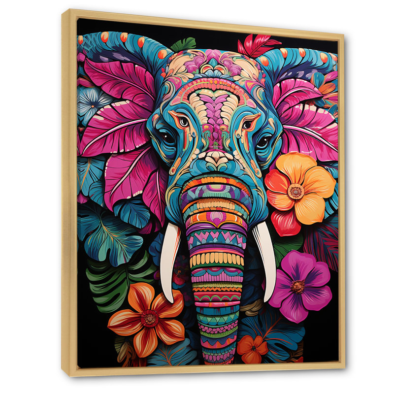 «Blue and Pink Jungle Elephant Jamboree», art mural éléphant, Cadre flottant brun, H 40 po x l 30 po