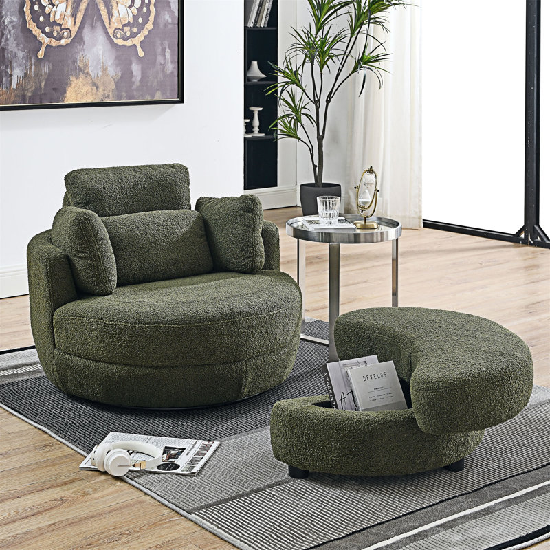 Fauteuil demi-tonneau pivotant avec repose-pieds de rangement, Tissu vert