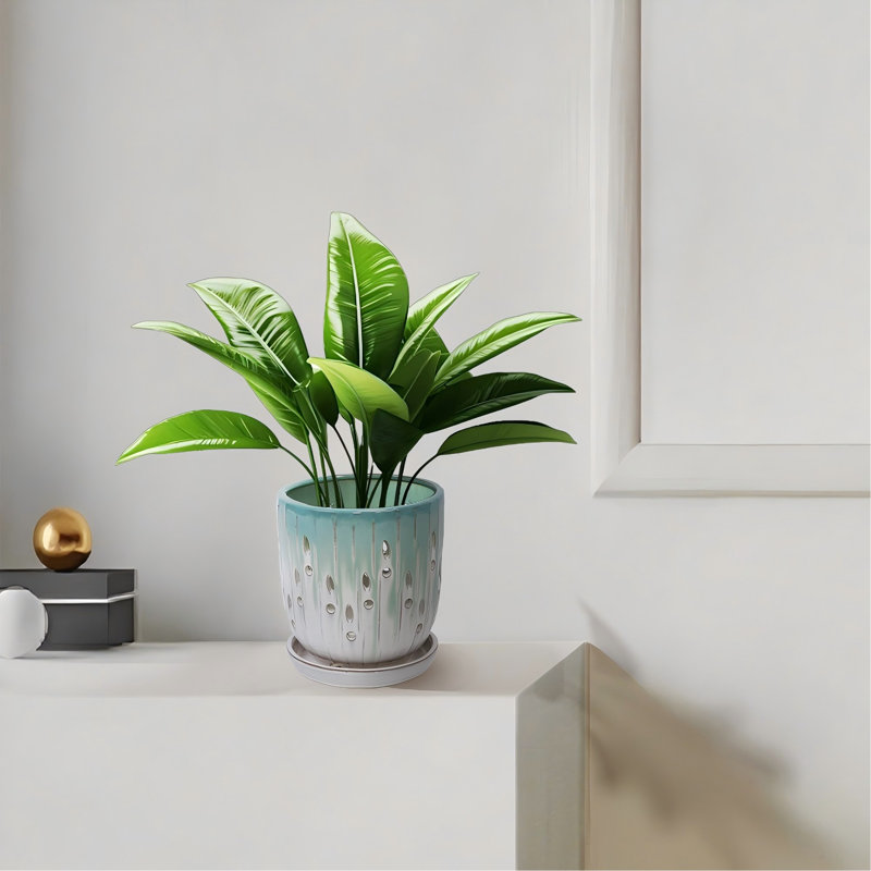 Handmade Green-White Gradient Ceramic Planter Set (7.48"×5.51" & 8.07"×6.1"), Indoor & Outdoor Flower Pots For Orchids, Succulents By Window, Breathable Holes & Lightweight