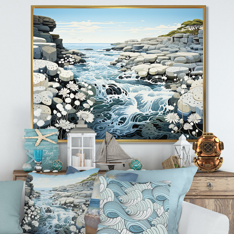 Décoration murale tempête bleue et blanche bord de mer Japon - plage et océan, Cadre flottant doré