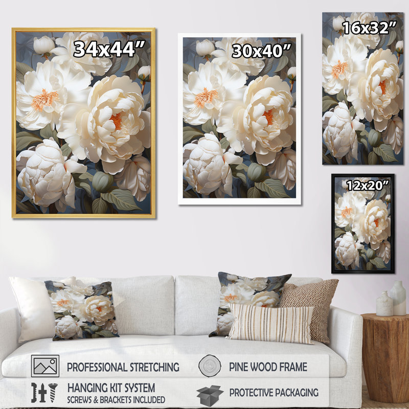 «Beige Fragrant Peony Bliss I» sur toile, H 32 po x l 16 po x P 1 po, Cadre flottant doré