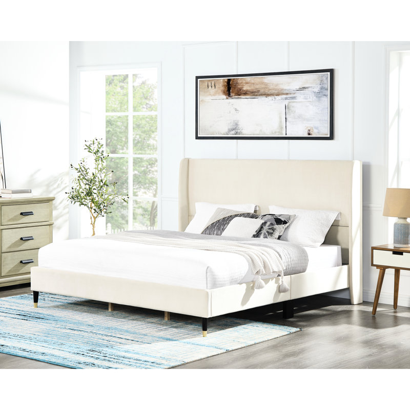 Lit très grand beige - à oreilles pour la durabilité de la chambre à coucher, velours moderne, King, Beige