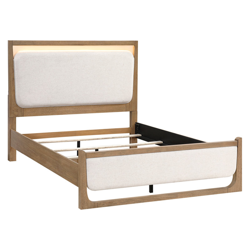 Lit tapissier brun moderne avec tête de lit et rails à DEL, grand lit avec éclairage texturé, cadre en bois pour