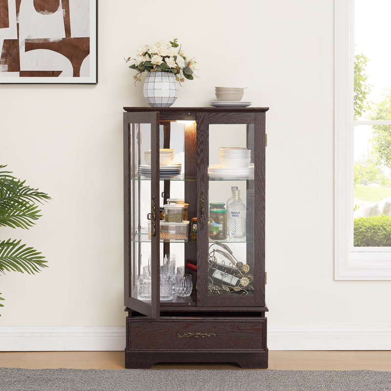 Vitrine lumineuse en verre avec tablettes réglables, Cerisier