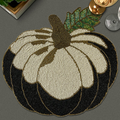 Beaded Handmade Placemats Set with Fall Pumpkin Design for Scratch-Free Holiday Table Decor