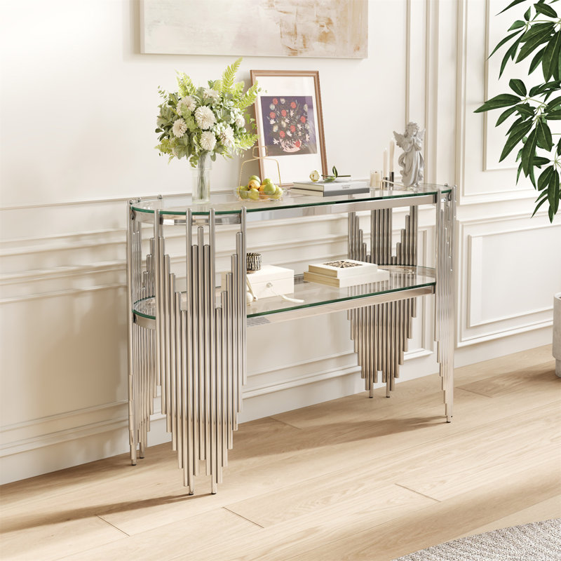 Console argentée de luxe avec étagères en verre trempé à 2 niveaux, Clear / Silver, Clear, Argent