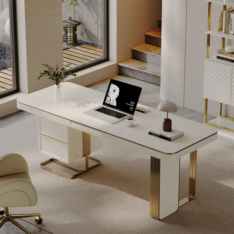 Executive Desk With Two Drawers Keyboard Tray Gold Metal Accents And Built In Outlet?