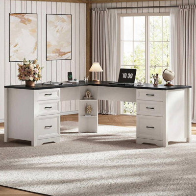 Wood L Shaped Executive Desk With 6 Drawers