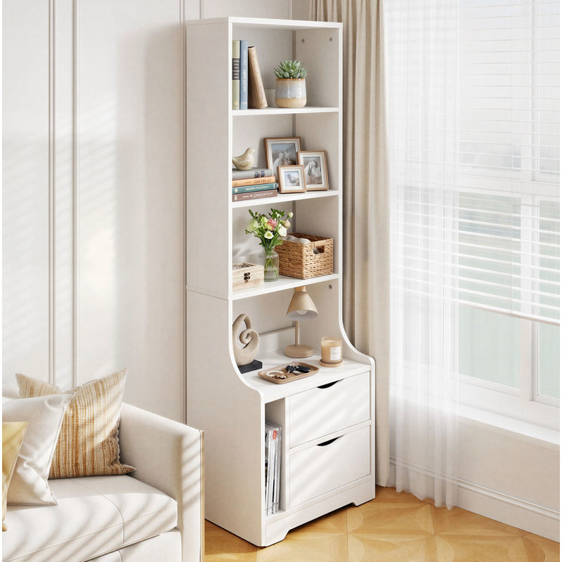 Bibliothèque standard H 58,1 "x l 18,7" avec 4 tablettes et 2 tiroirs de rangement pour appartement et petit espace, Blanc