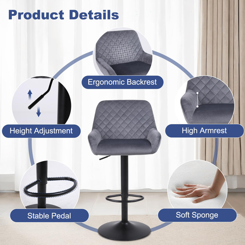 Swivel Upholstered Adjustable Height Counter Stool with Metal Frame, Grey