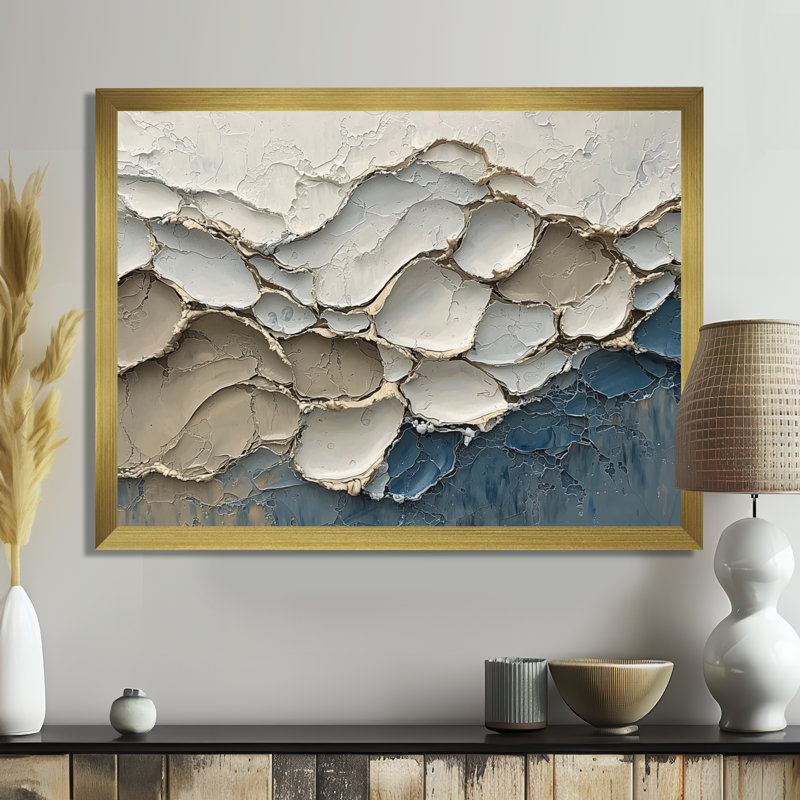«Abstract Collages Coastal Waves Flow I», art mural abstrait, H 12 po x l 20 po, Cadre flottant, Doré