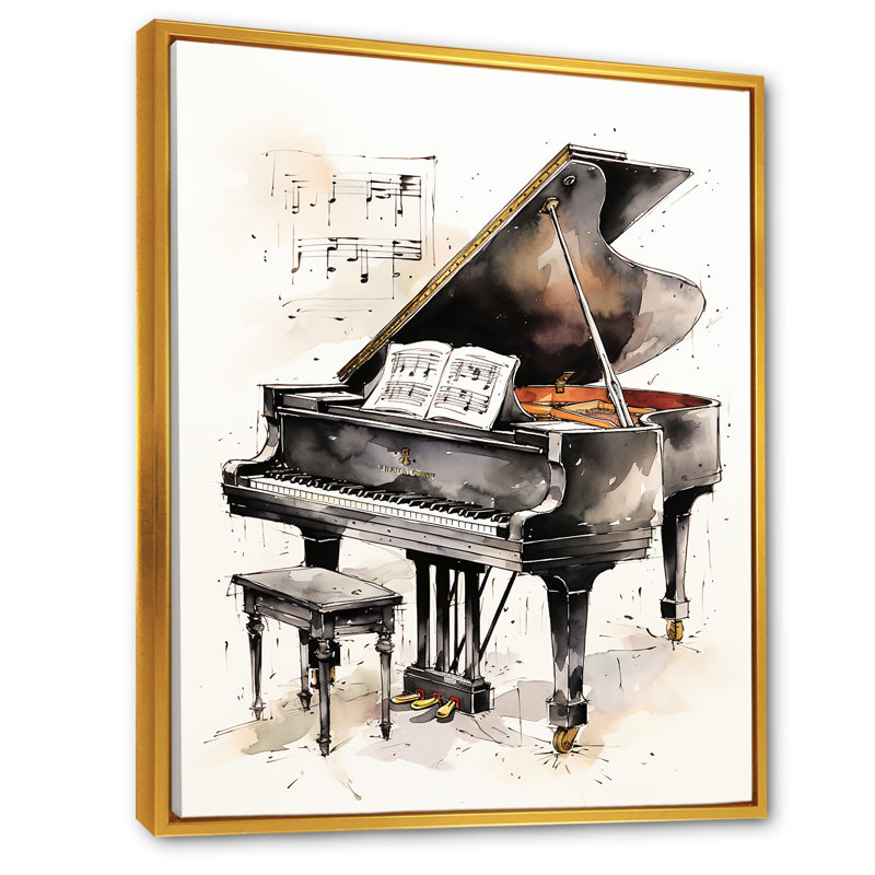 Midnight Black Piano Tranquility III - musique, art mural, Cadre flottant doré, H 40 po x l 30 po x P 1,5 po