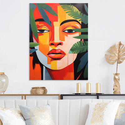 Minimalisme, orange et vert, femme tropicale, portrait I - femme mexicaine, art mural en métal