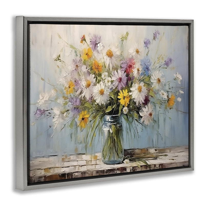  «Wildflower Bouquet in Jar», art mural encadré par Franklyn Gregory, H 17 po x l 21 po, Cadre flottant gris lustré