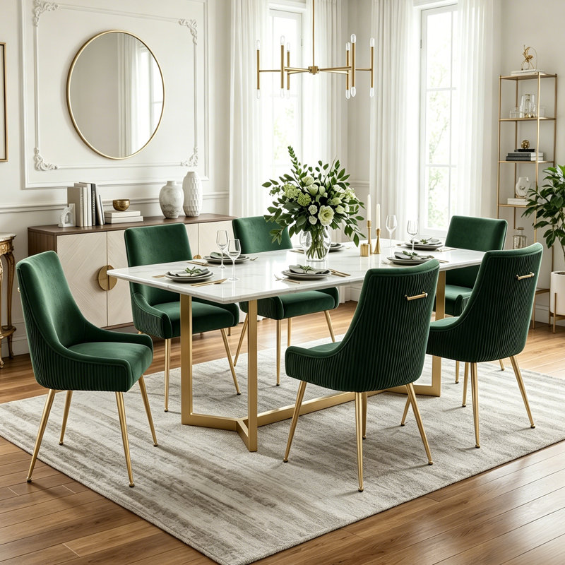 Velvet Upholstered Side Chair With Gold Legs , Green, Gold
