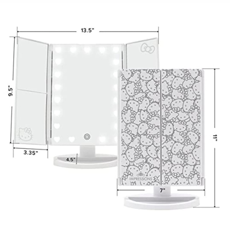 Hello Kitty Mirror with LED Lights, Trifold Makeup Mirror with Touch Sensor, Magnifying Mirror