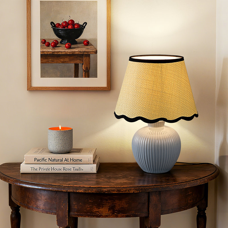 12.9" Ceramic Table Lamp with Adjustable Rattan Scallop Shade, Includes G45 Bulb, Blue