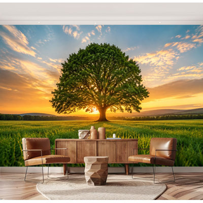 Wall Mural Peel and Stick Lone Green Tree Sunset Golden Meadow Landscape Vibrant Grass Large Wallpaper Self-Adhesive Removable Contact Paper Wall Decor for Living Room Bedroom Nursery 69"H x 96"W