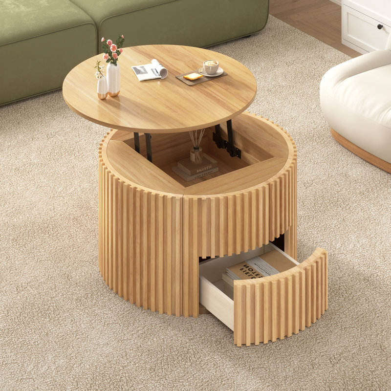 Table basse ronde à plateau relevable, compartiment caché et tiroir dissimulé, conception cannelée moderne, salon
