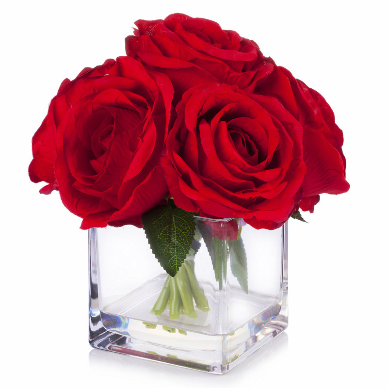 Faux Silk Rose Arrangement in Vase, Red