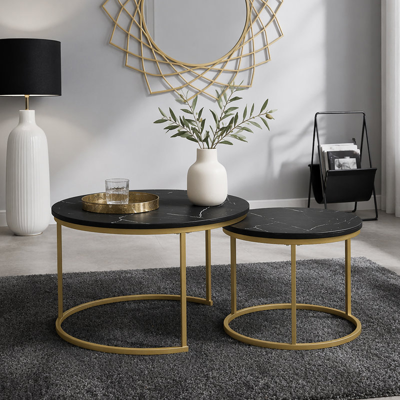 Ensemble de 2 tables basses gigognes 27,6 po, plateau de table rond en marbre et structure en métal robuste, tables d'appoint de table de bout pour le salon, la chambre et le balcon