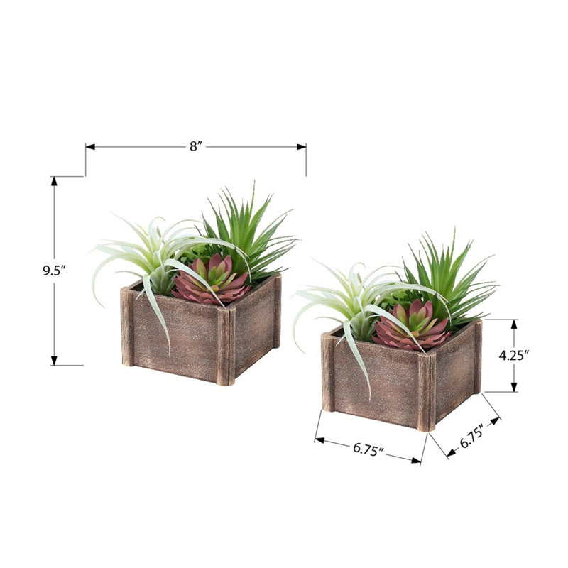 Lot de 2 plantes succulentes artificielles, 25 cm de hauteur, fausse verdure avec pots en bois brun pour la décoration de table