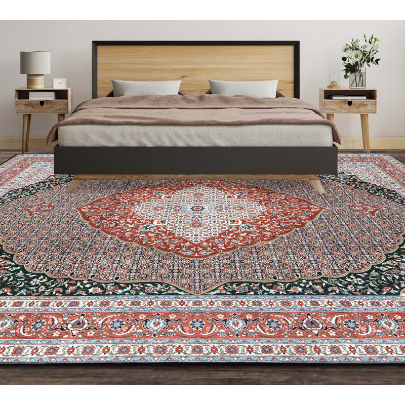 Tapis bleu marine et rouille de haute qualité noué à la main