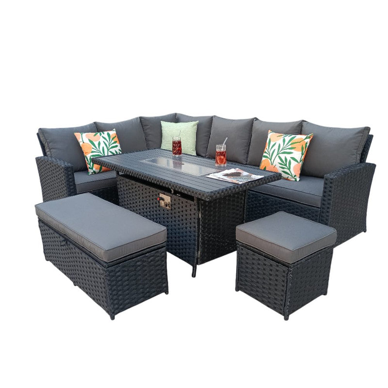 Rosen 9 Seater Corner Sofa  Set With Fire-pit Dining Table With Storage Box & Rain Cover, Black