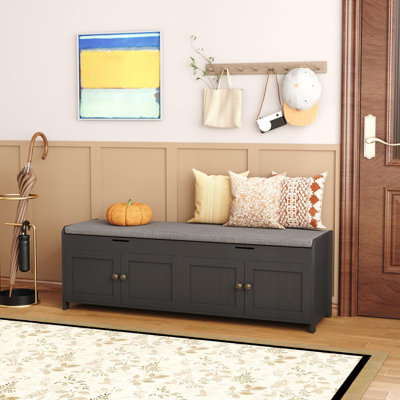 Banc à chaussures 54,4 po avec rangement à plateau relevable, banc de rangement pour hall d'entrée avec siège rembourré et 4 portes