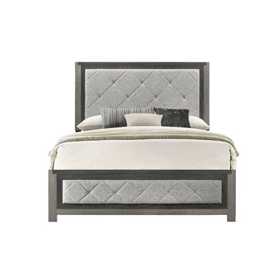 Très grand lit oriental en lin et finition gris, conception rembourrée de style lb Fb, aspect rembourré 4 lattes pour structure de support 8 pieds, fabrication en bois sans option de rangement, espace au sol de 10 po
