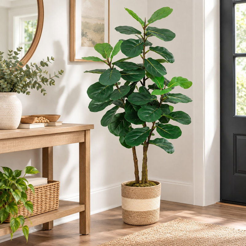 Figuier lyre artificiel avec jardinière tressée, 5'