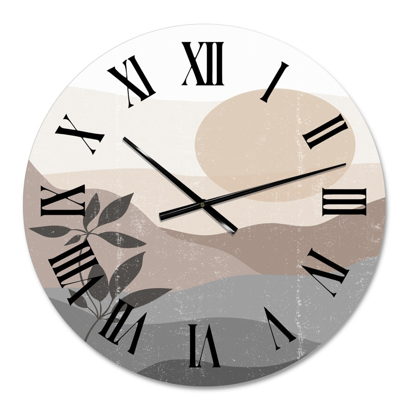 Minimaliste paysage de montagne au coucher du soleil - horloge murale moderne, Moyen