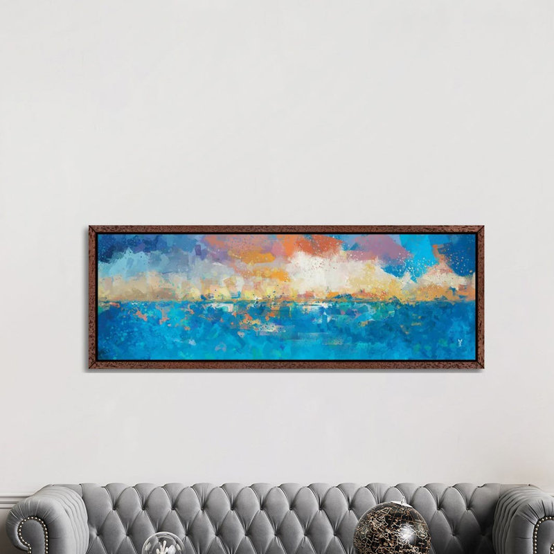 Sunset Seascape I by Van Credi - Panoramic Painting on Canvas, Classic Brown Wood Framed, 50.8cm H x 152.4cm W x 3.81cm D