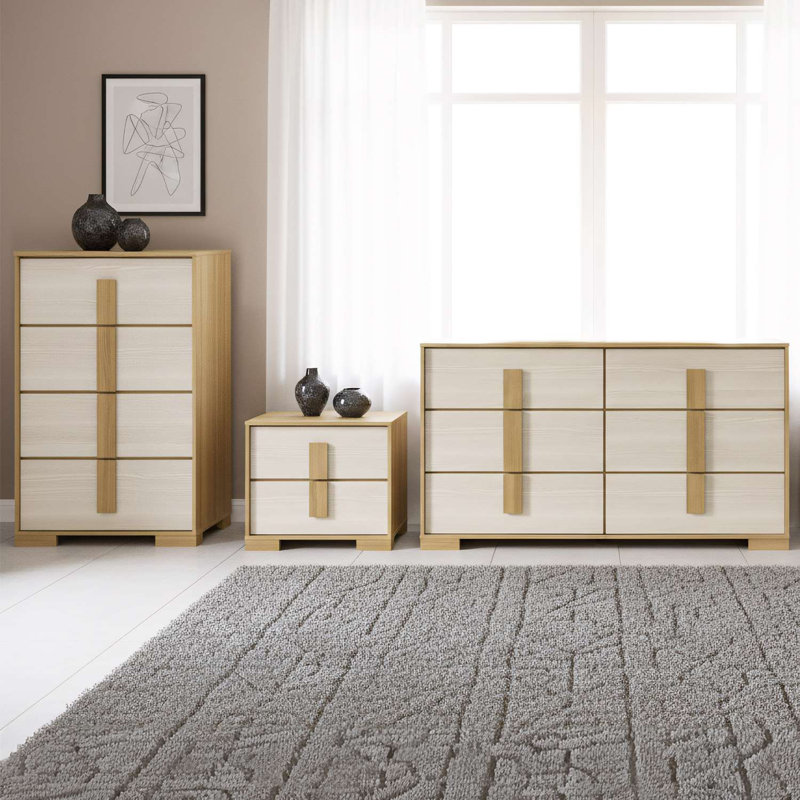 Ensemble de rangement de chambre à coucher moderne 3 pièces avec grande commode à 5 tiroirs et 2 tables de chevet, bois massif et bois aggloméré, finition naturelle et blanche