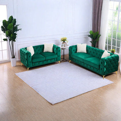 Compression Sofas Set, Green Velvet 3 And 2 Seat, Wood Metal Modern Home