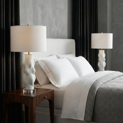 Stoneware Table Lamp With Textured Sculptural Base - 26" White Fabric Shade - Modern Bedroom, Living Room, Office Lighting