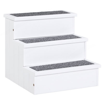 3 Step Wooden Carpeted Non Slip Pet Stairs Ramp For Cats And Small Dogs - White