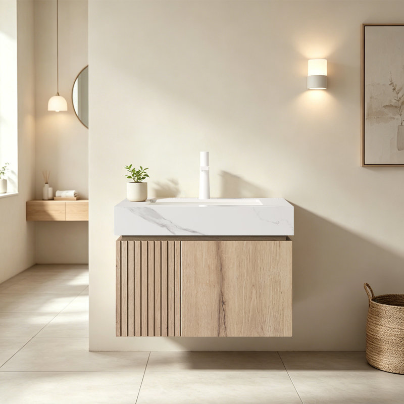 Meuble-lavabo suspendu de luxe de 61 cm avec lavabo en céramique, style familial moderne, meuble-lavabo suspendu de style milieu du siècle, armoire de salle de bain en pierre frittée