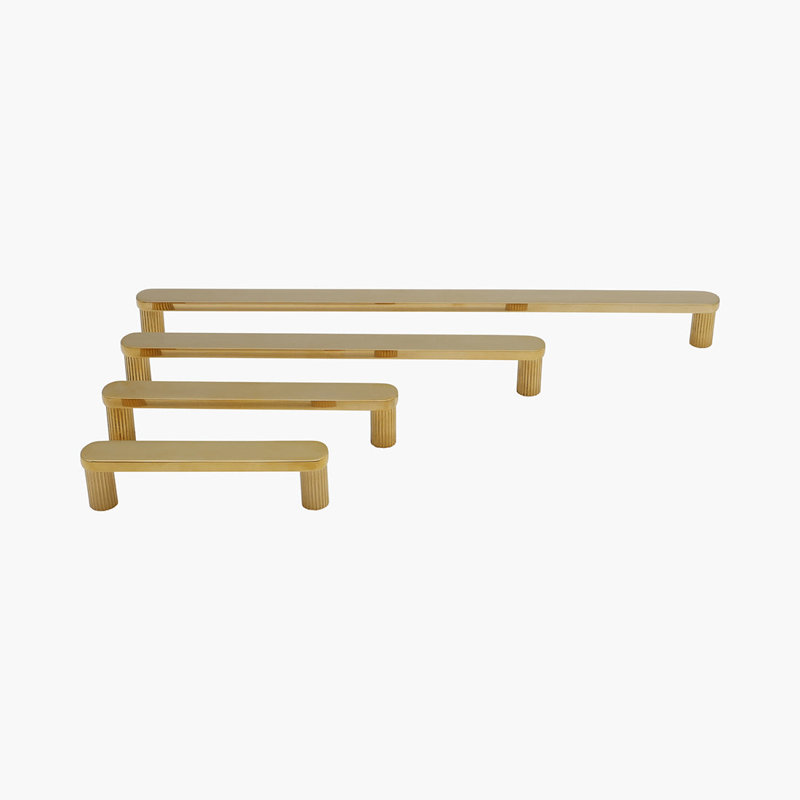 Ribbed Bar / Handle Pull with Fluted Stems, 5", Unlacquered Polished Brass